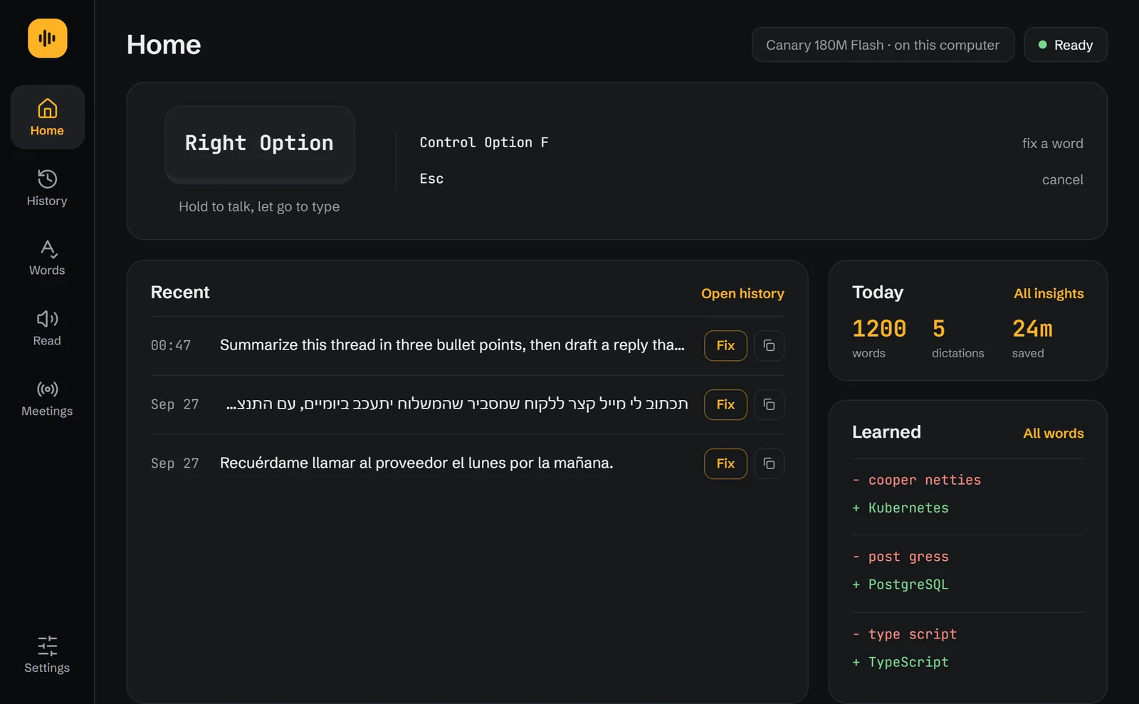 Voice Tide's Home: hold Right Option to talk, recent dictations in English, Hebrew and Spanish, and learned words